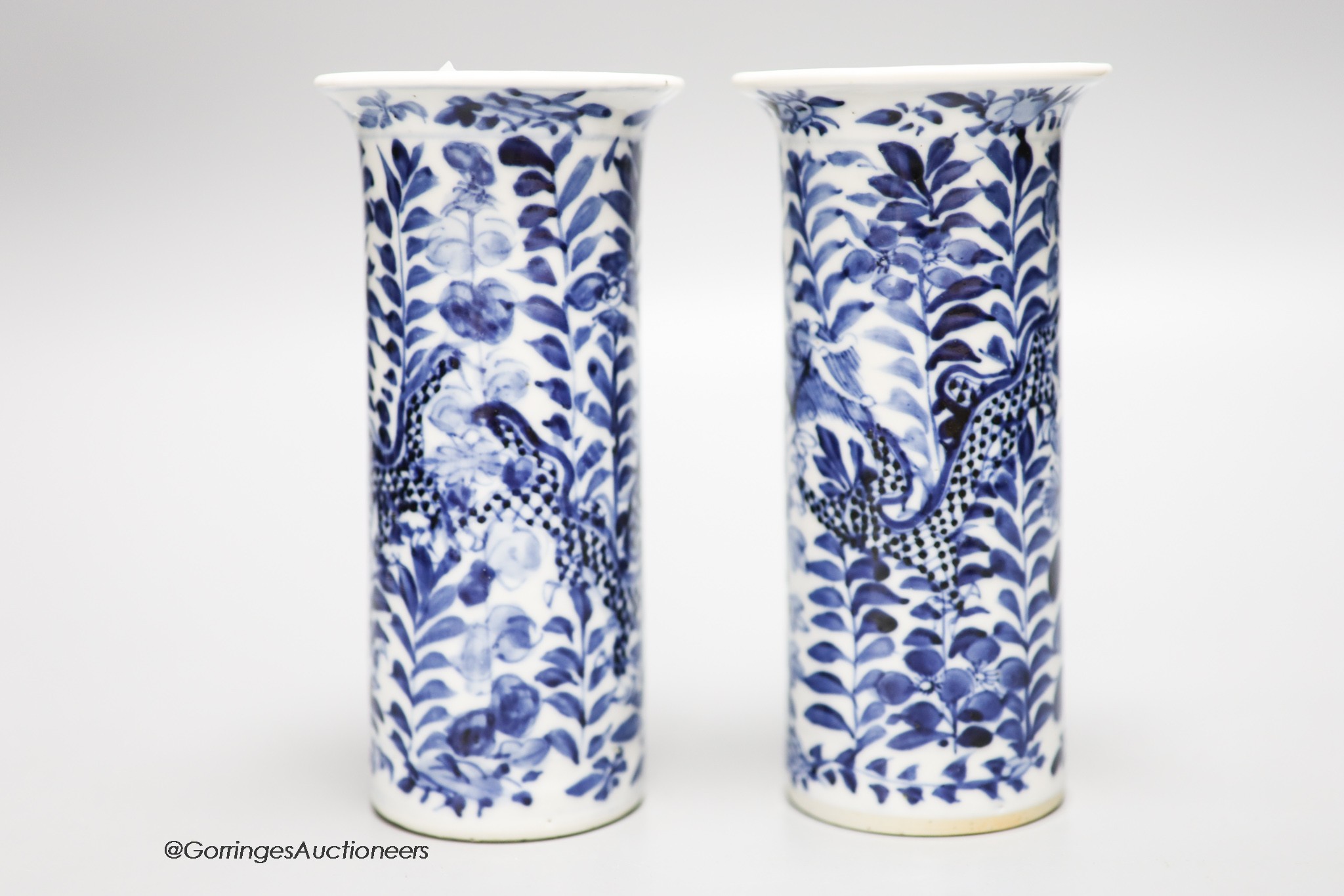A pair of Chinese blue and white sleeve vases, circa 1900, height 15.5cm